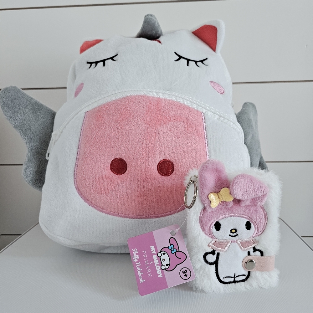NWT My Melody White Pink Fuzzy Notepad Keychain & White Velvet Unicorn Backpack